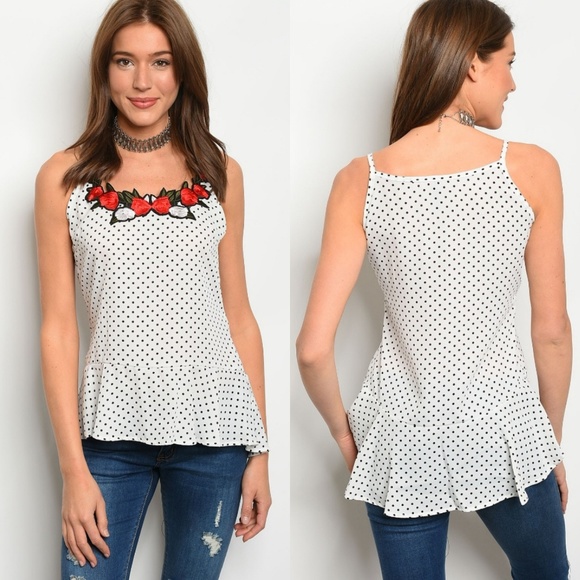 Yoyo 5 Tops - ❤Polka Dot Ruffled Tank with Floral Neckline
